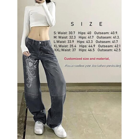 Women's Wide Leg Denim Cargo Pants Low Rise Heart Pattern Baggy Jeans - Picture 3 of 7